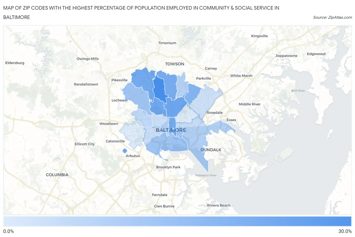 Zip Codes with the Highest Percentage of Population Employed in Community & Social Service  in Baltimore Map