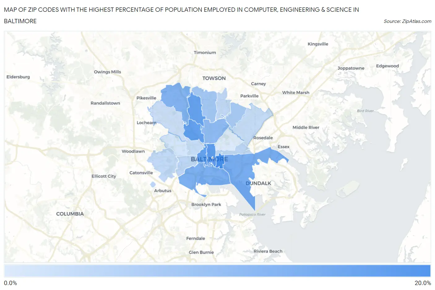 Zip Codes with the Highest Percentage of Population Employed in Computer, Engineering & Science in Baltimore Map
