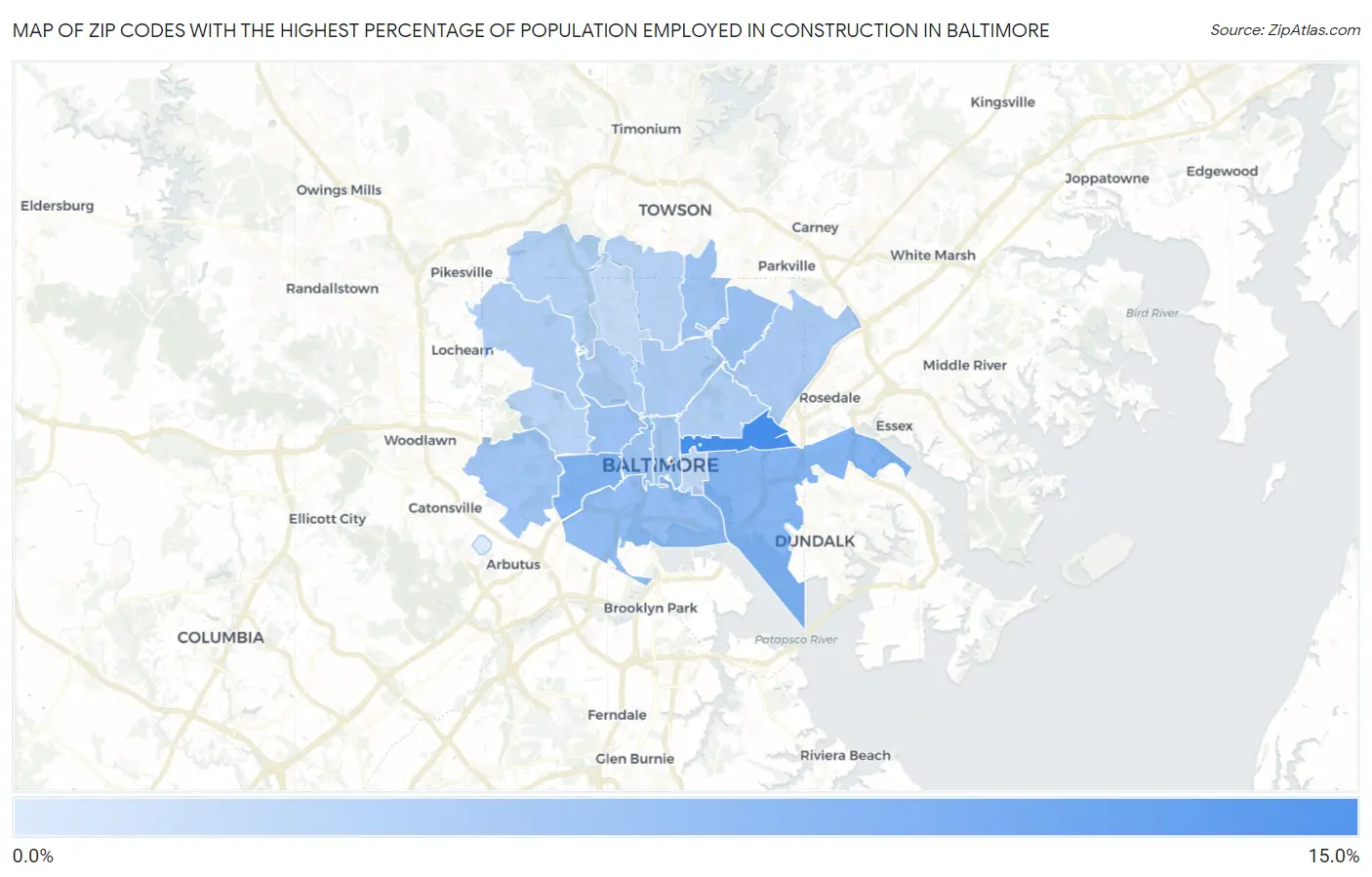 Zip Codes with the Highest Percentage of Population Employed in Construction in Baltimore Map