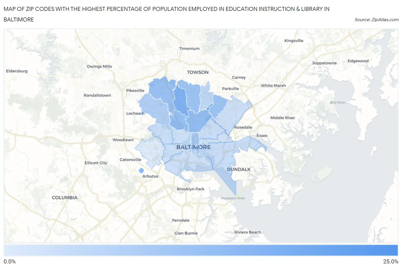 Zip Codes with the Highest Percentage of Population Employed in Education Instruction & Library in Baltimore Map