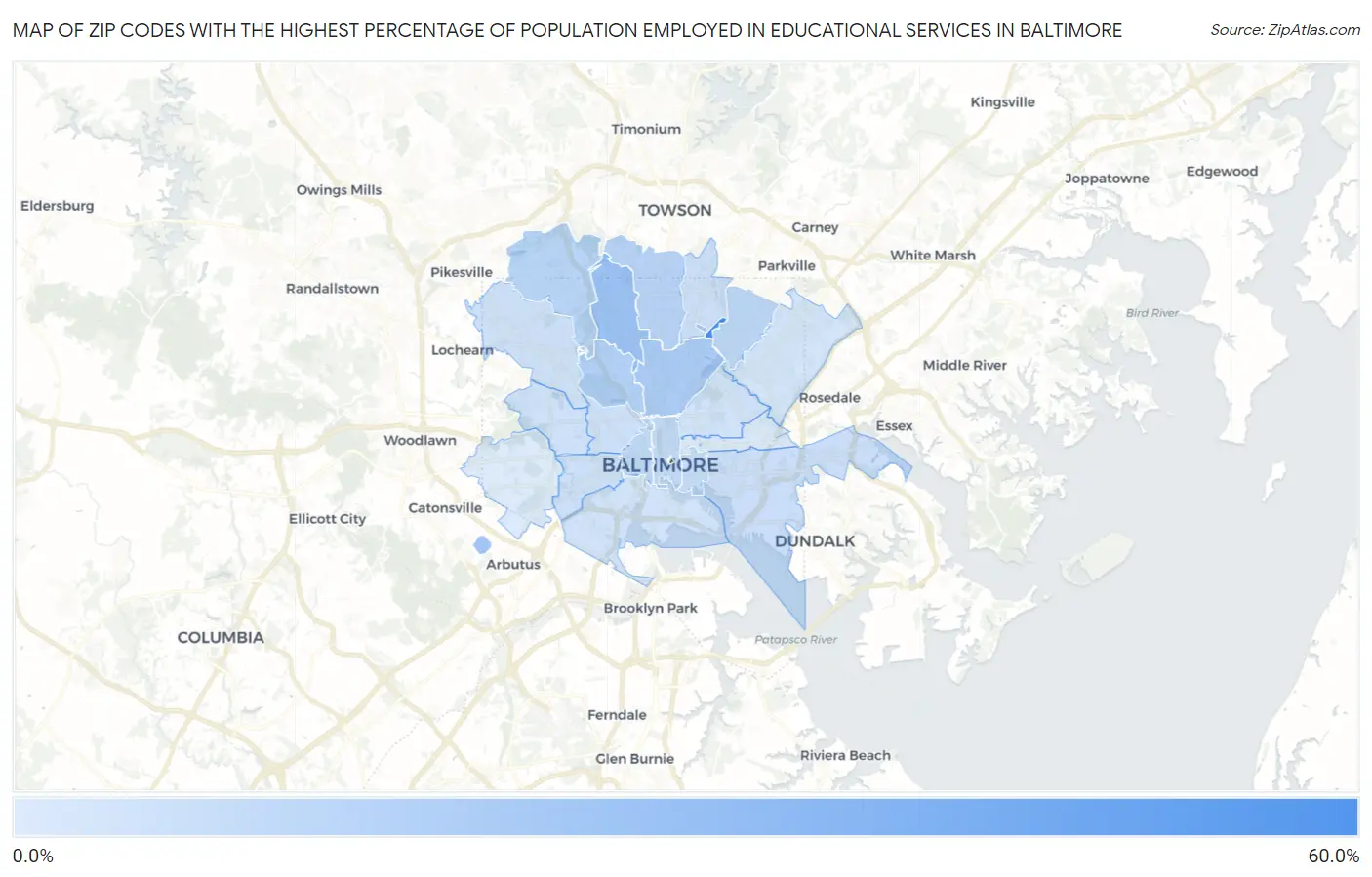 Zip Codes with the Highest Percentage of Population Employed in Educational Services in Baltimore Map