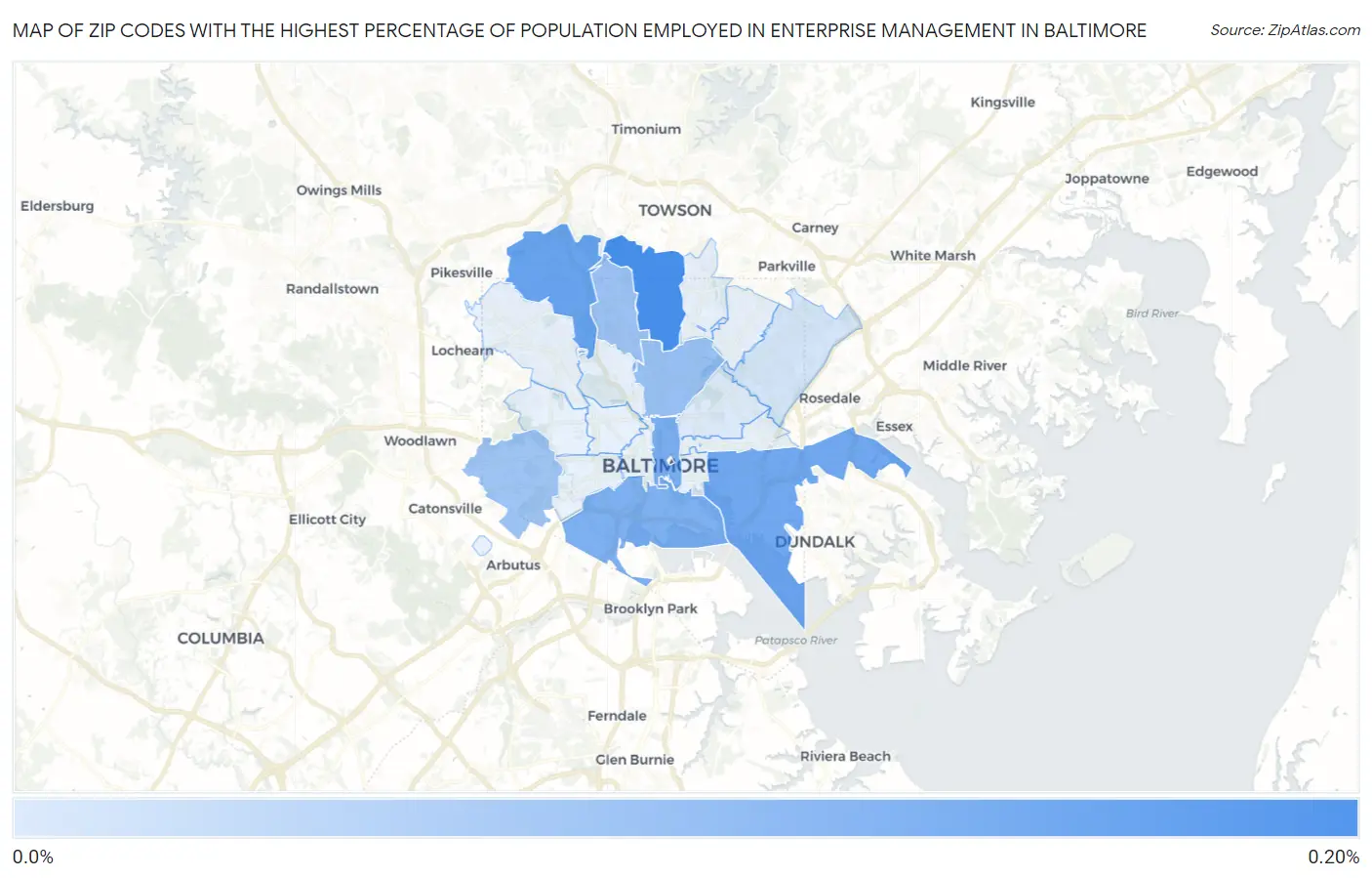 Zip Codes with the Highest Percentage of Population Employed in Enterprise Management in Baltimore Map