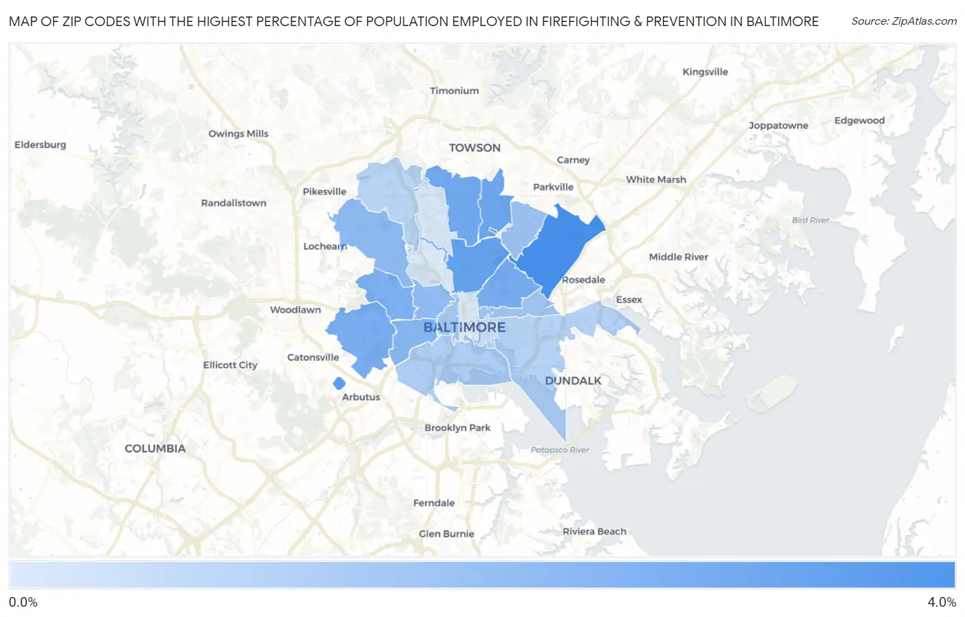 Zip Codes with the Highest Percentage of Population Employed in Firefighting & Prevention in Baltimore Map