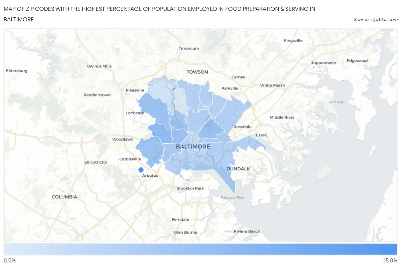 Zip Codes with the Highest Percentage of Population Employed in Food Preparation & Serving in Baltimore Map