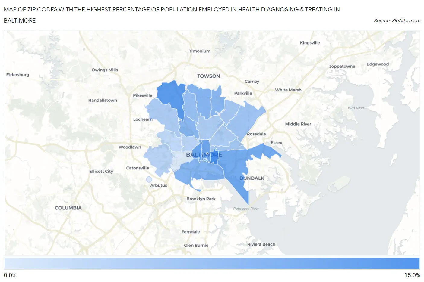 Zip Codes with the Highest Percentage of Population Employed in Health Diagnosing & Treating in Baltimore Map