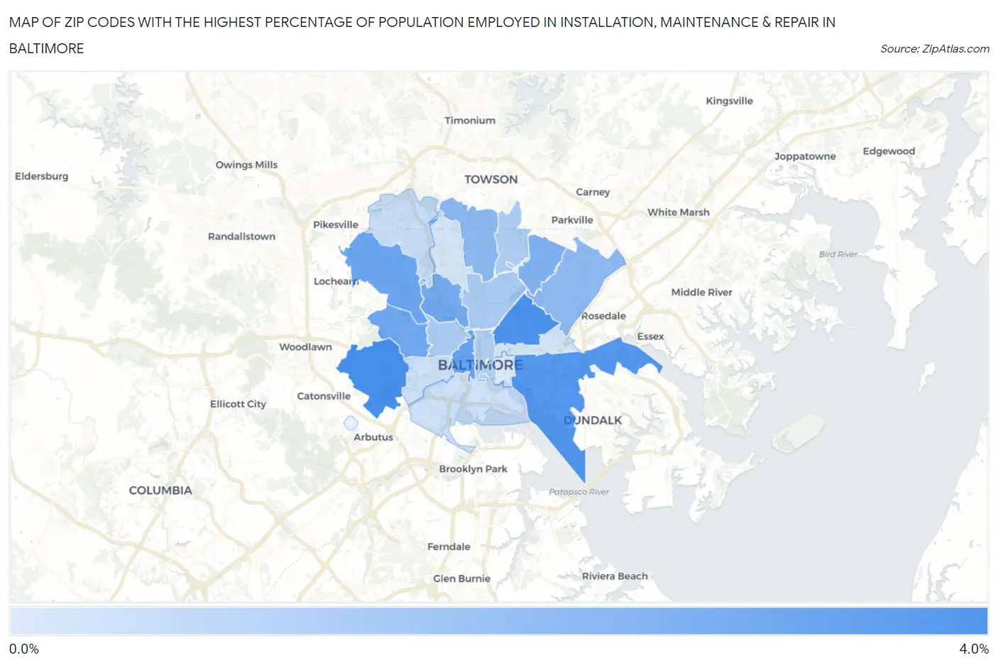 Zip Codes with the Highest Percentage of Population Employed in Installation, Maintenance & Repair in Baltimore Map