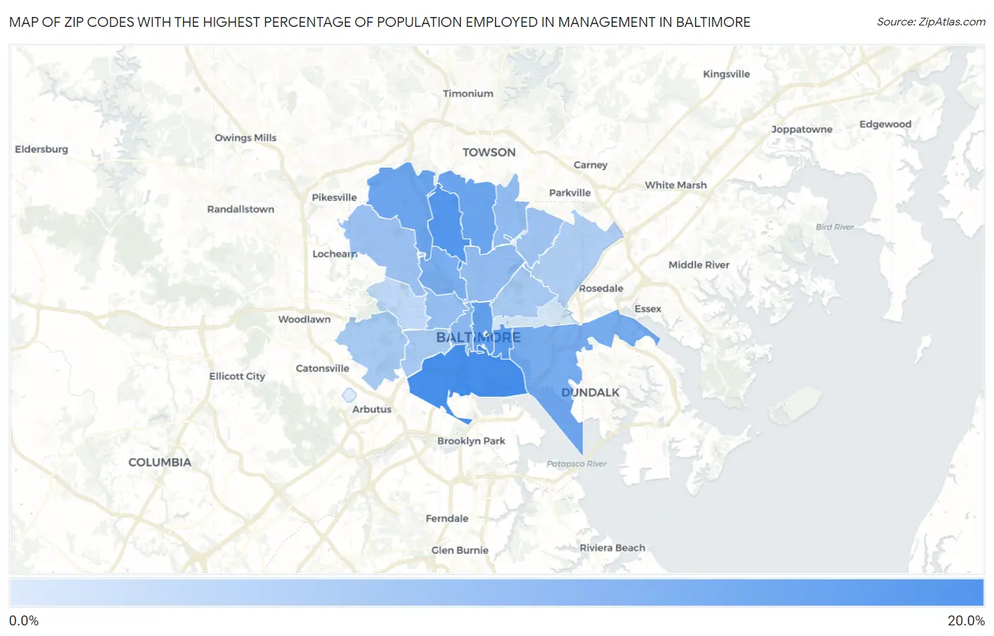 Zip Codes with the Highest Percentage of Population Employed in Management in Baltimore Map