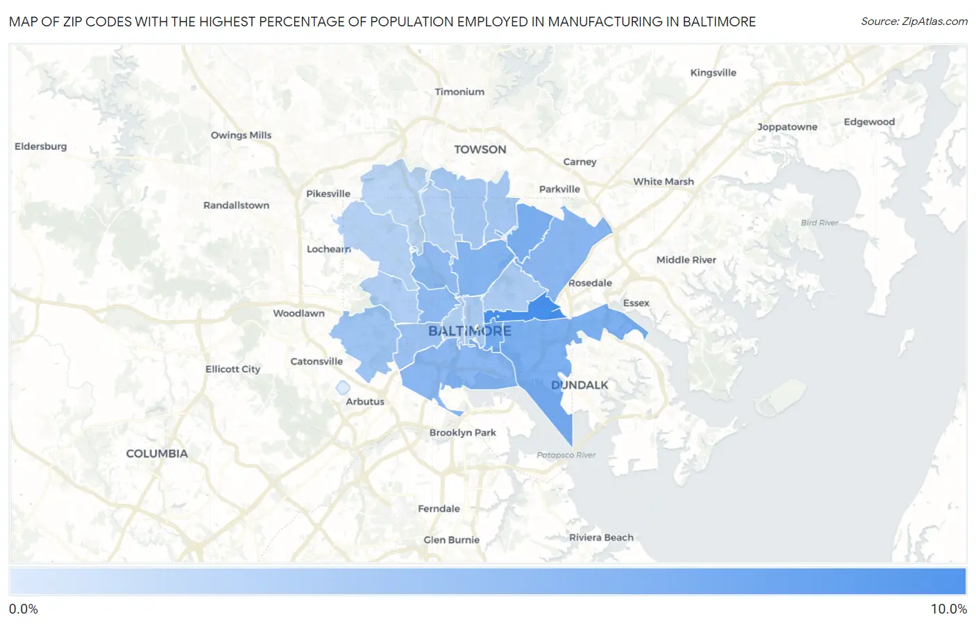 Zip Codes with the Highest Percentage of Population Employed in Manufacturing in Baltimore Map