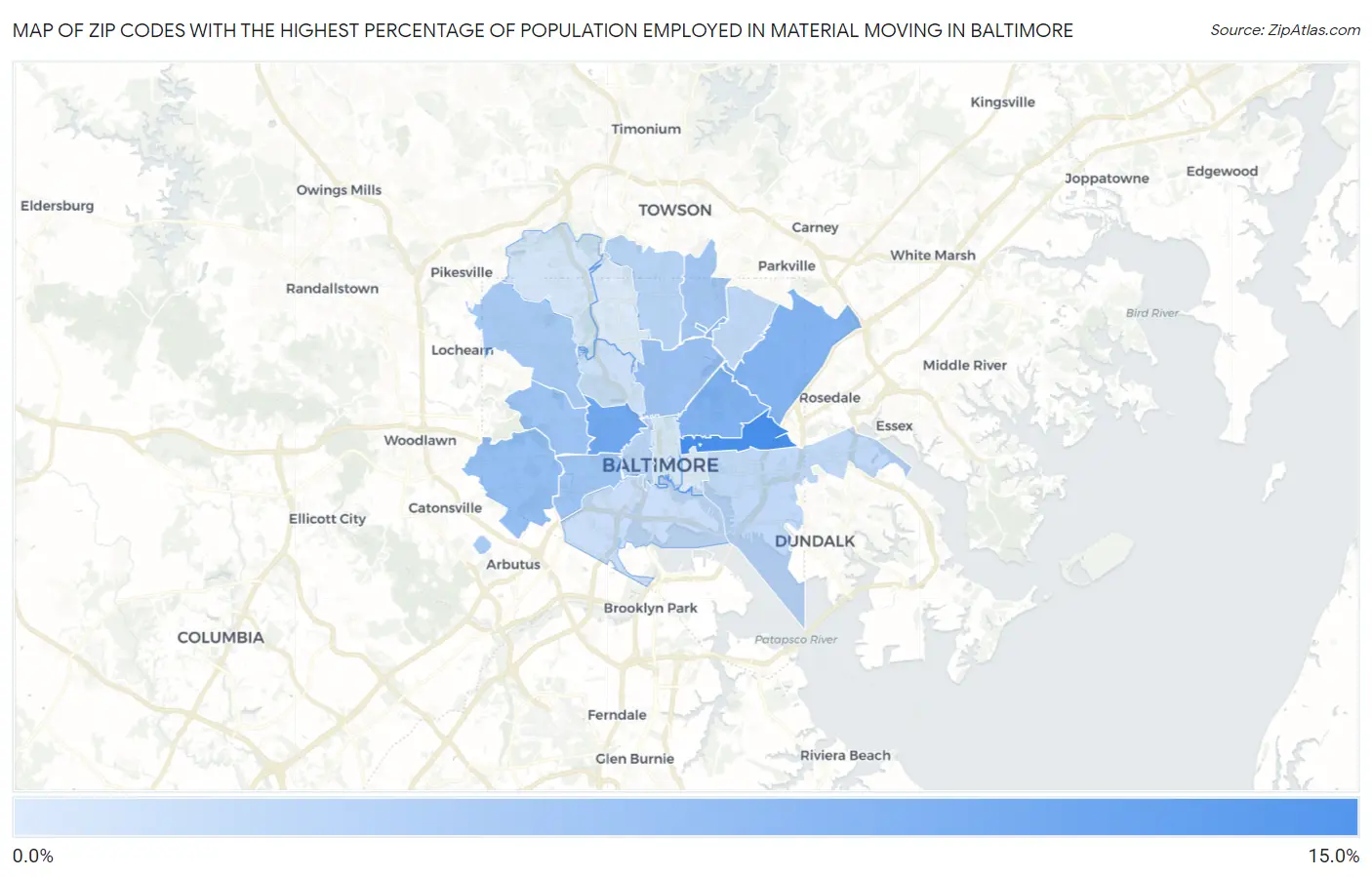 Zip Codes with the Highest Percentage of Population Employed in Material Moving in Baltimore Map