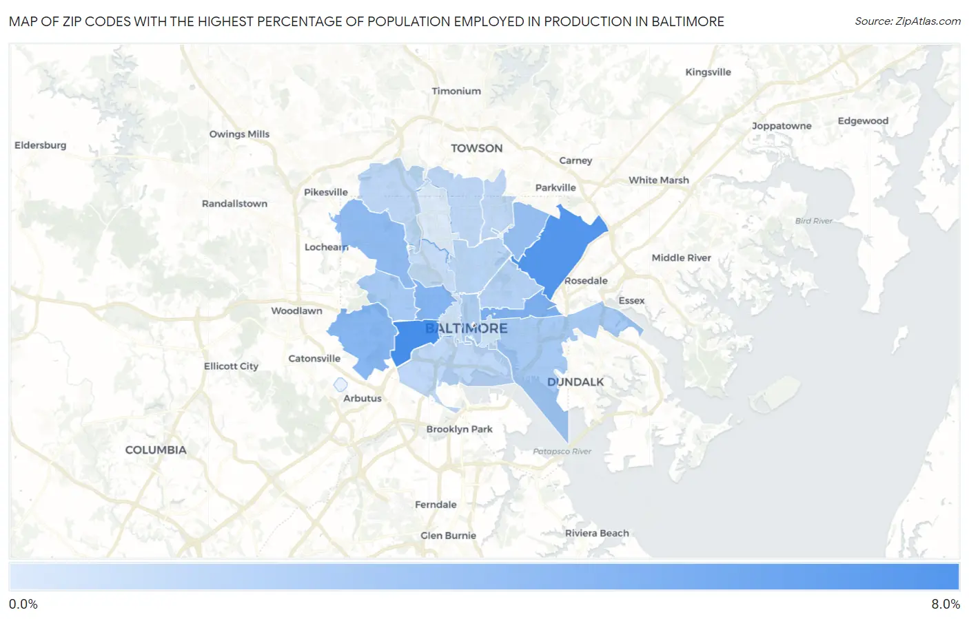 Zip Codes with the Highest Percentage of Population Employed in Production in Baltimore Map