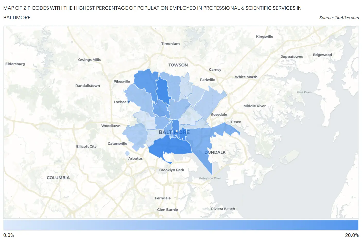 Zip Codes with the Highest Percentage of Population Employed in Professional & Scientific Services in Baltimore Map