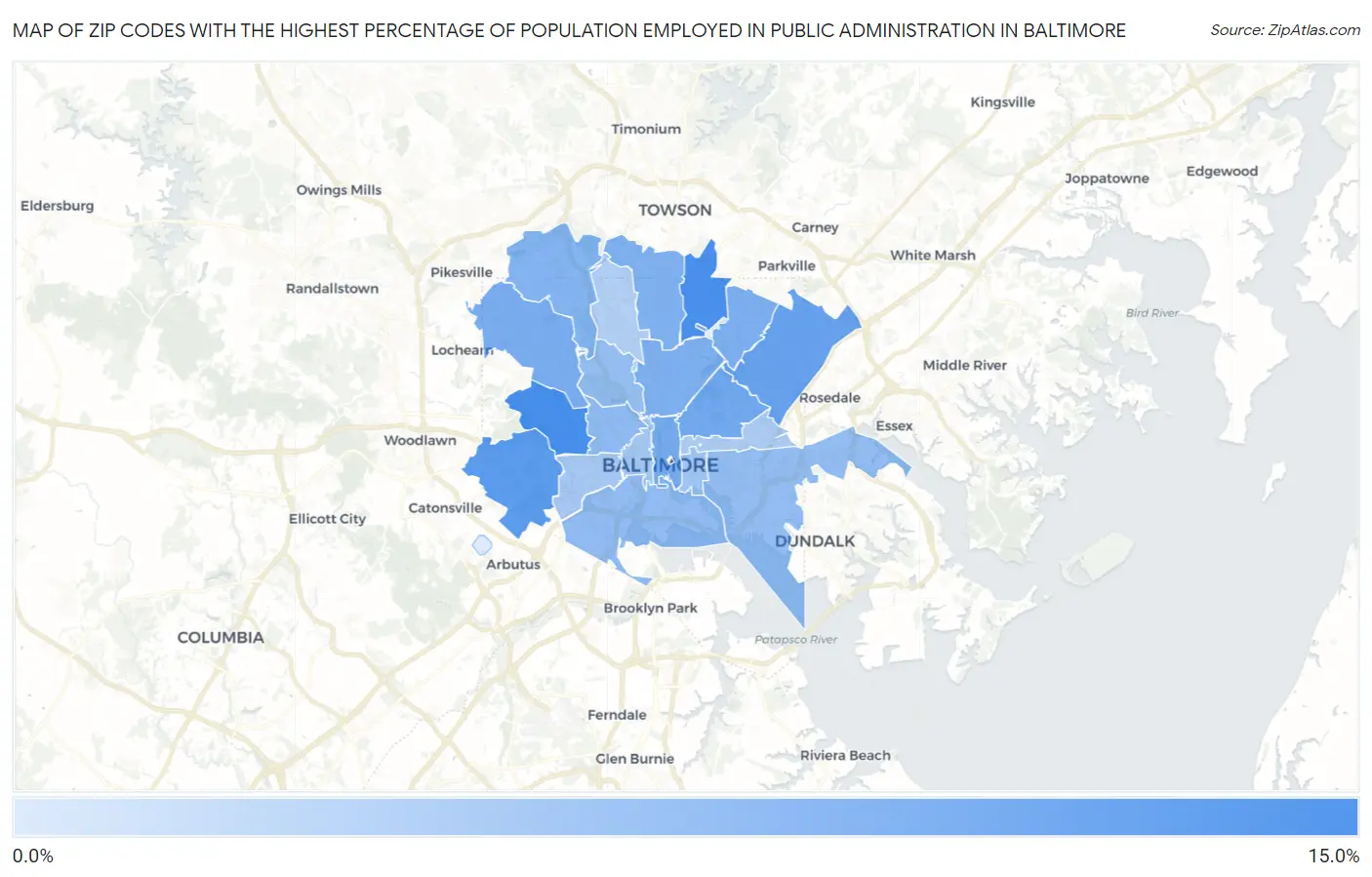 Zip Codes with the Highest Percentage of Population Employed in Public Administration in Baltimore Map
