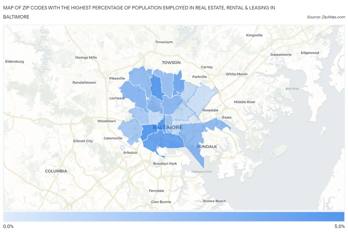 Zip Codes with the Highest Percentage of Population Employed in Real Estate, Rental & Leasing in Baltimore Map