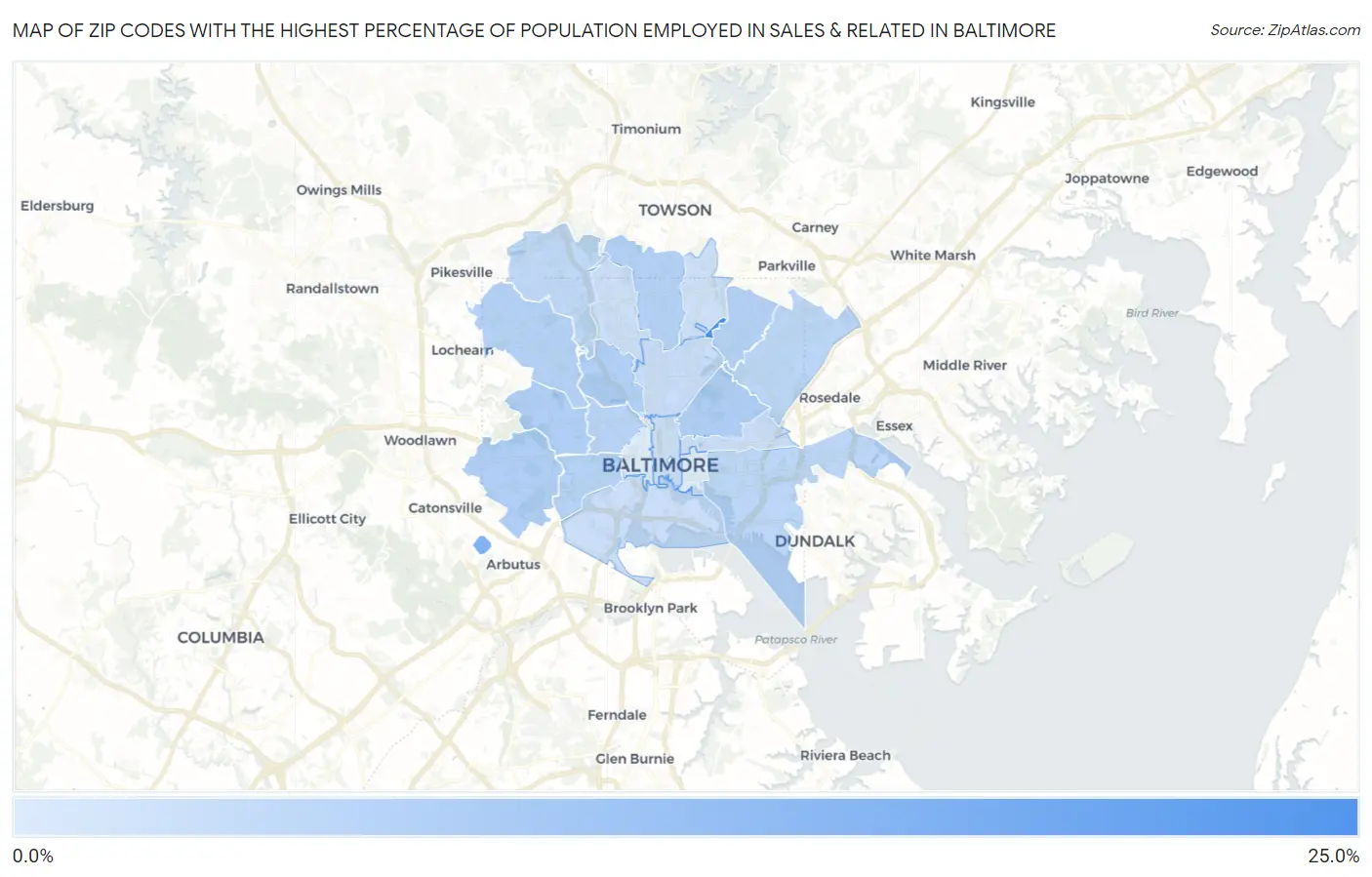 Zip Codes with the Highest Percentage of Population Employed in Sales & Related in Baltimore Map