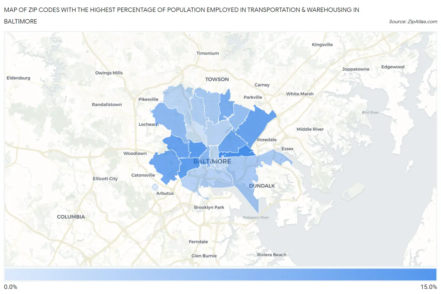 Zip Codes with the Highest Percentage of Population Employed in Transportation & Warehousing in Baltimore Map