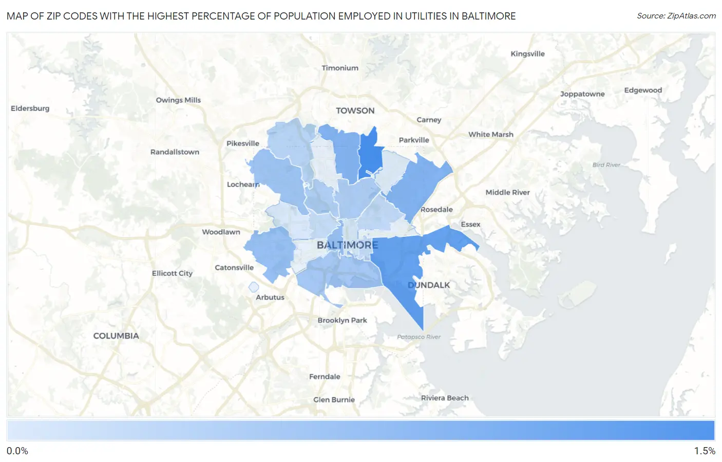 Zip Codes with the Highest Percentage of Population Employed in Utilities in Baltimore Map