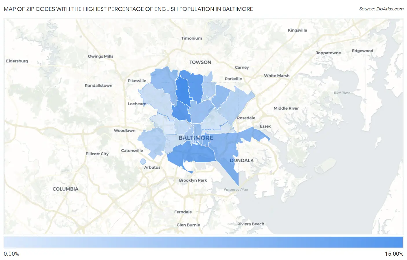 Zip Codes with the Highest Percentage of English Population in Baltimore Map