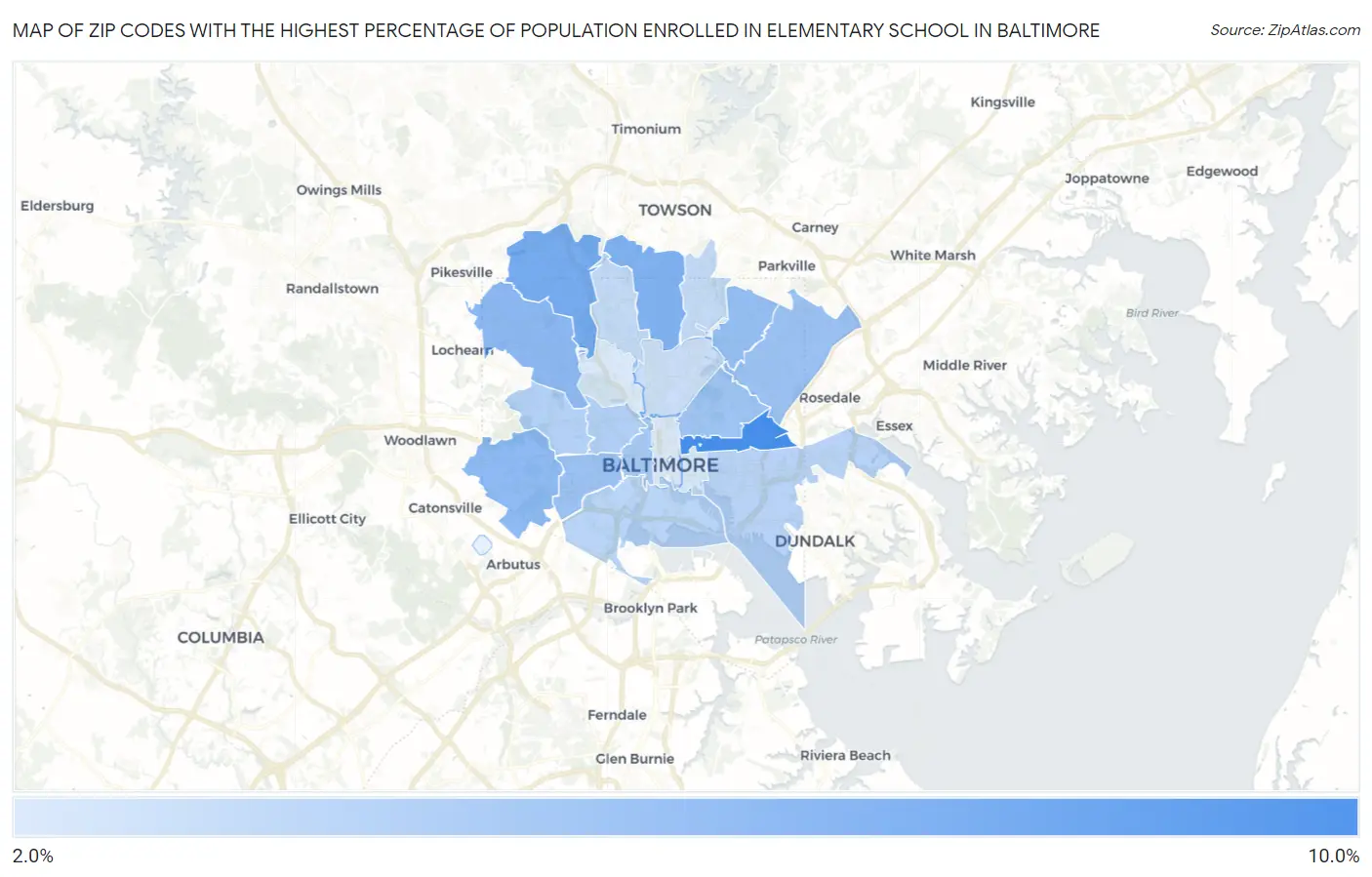 Zip Codes with the Highest Percentage of Population Enrolled in Elementary School in Baltimore Map