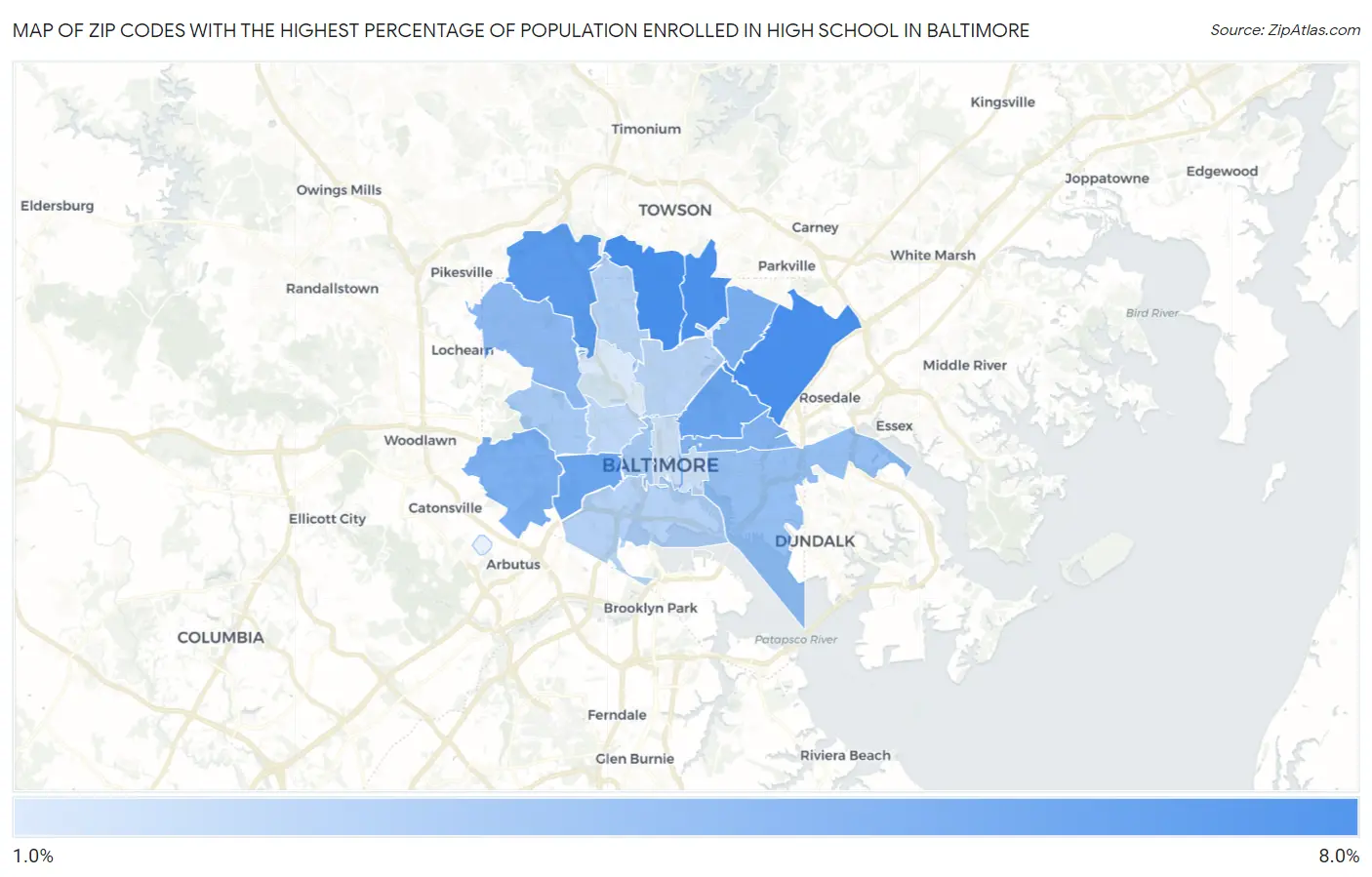 Zip Codes with the Highest Percentage of Population Enrolled in High School in Baltimore Map