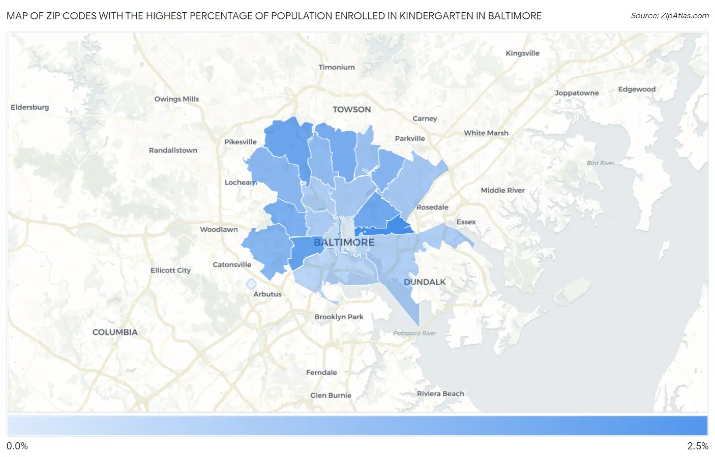 Zip Codes with the Highest Percentage of Population Enrolled in Kindergarten in Baltimore Map