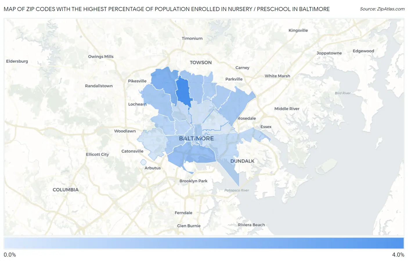 Zip Codes with the Highest Percentage of Population Enrolled in Nursery / Preschool in Baltimore Map