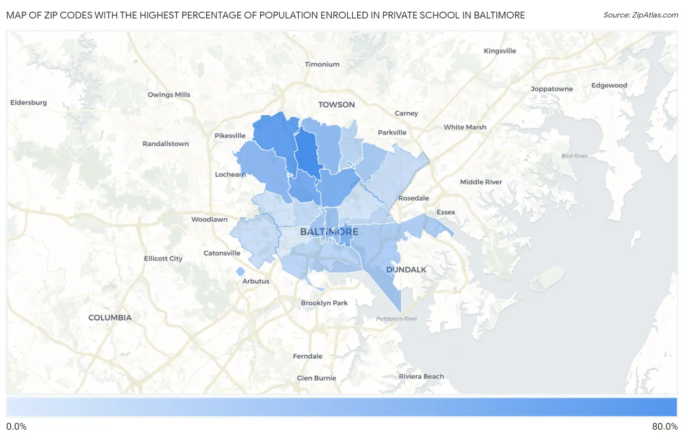 Zip Codes with the Highest Percentage of Population Enrolled in Private School in Baltimore Map