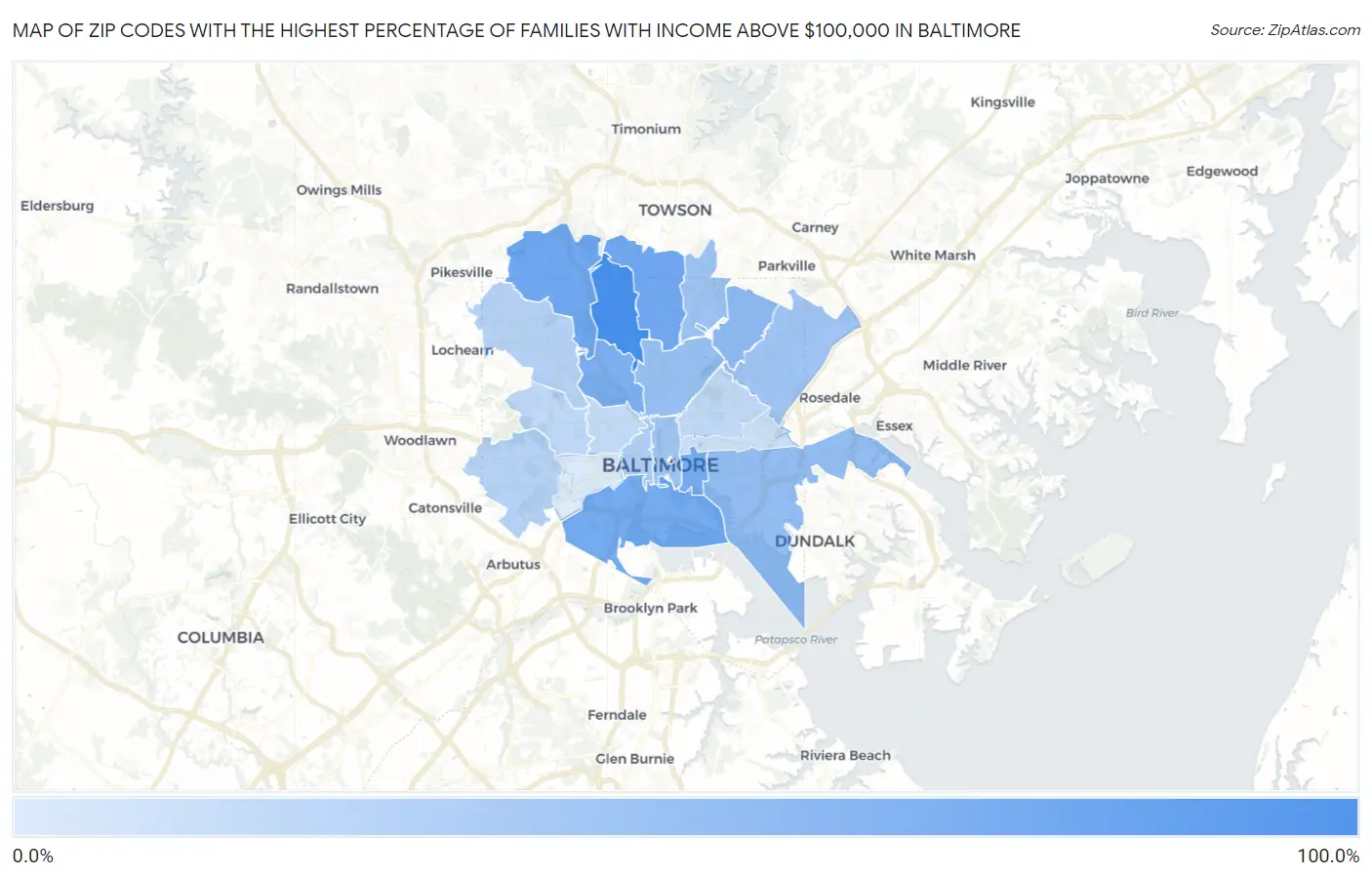 Zip Codes with the Highest Percentage of Families with Income Above $100,000 in Baltimore Map