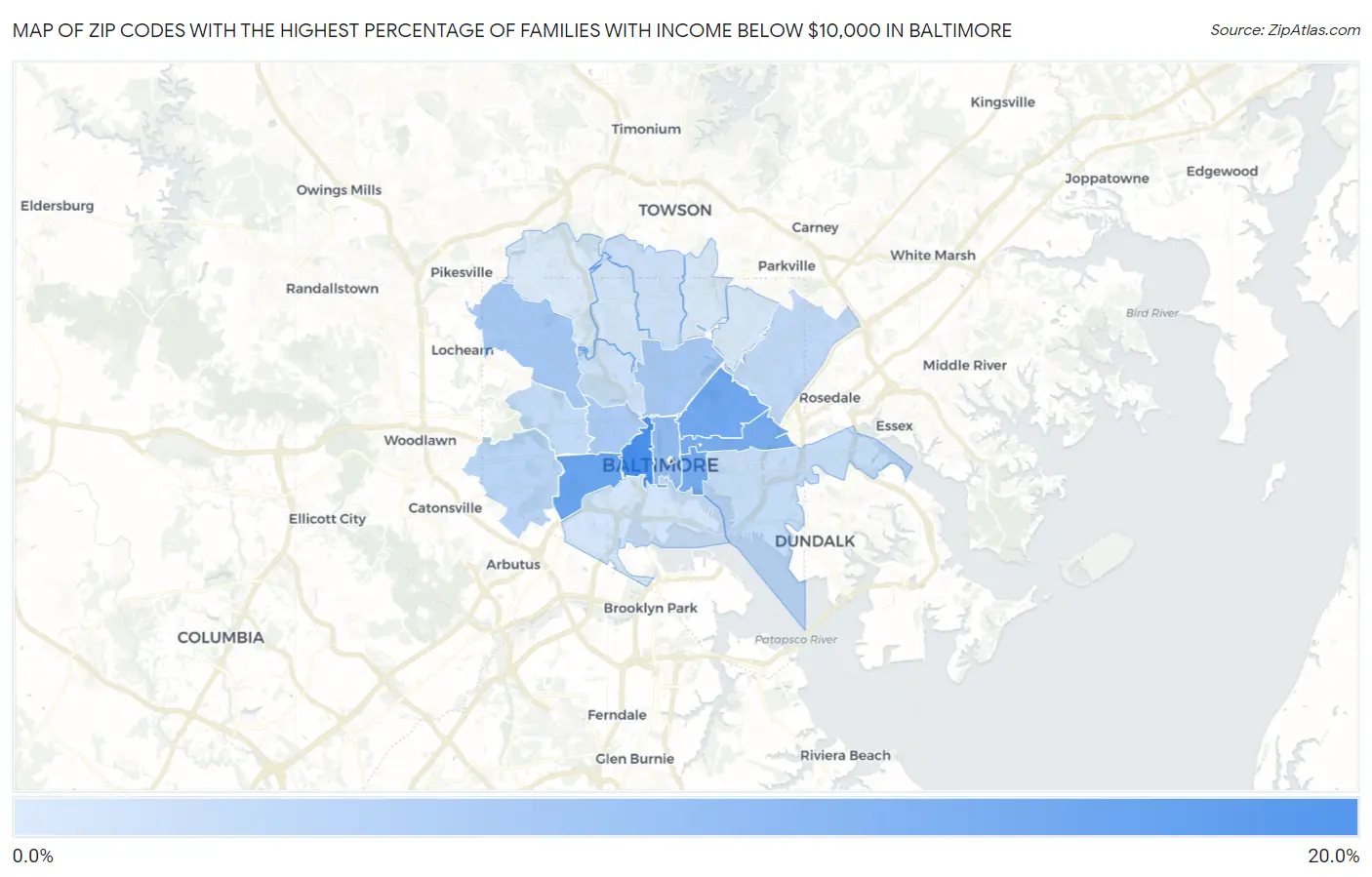 Zip Codes with the Highest Percentage of Families with Income Below $10,000 in Baltimore Map