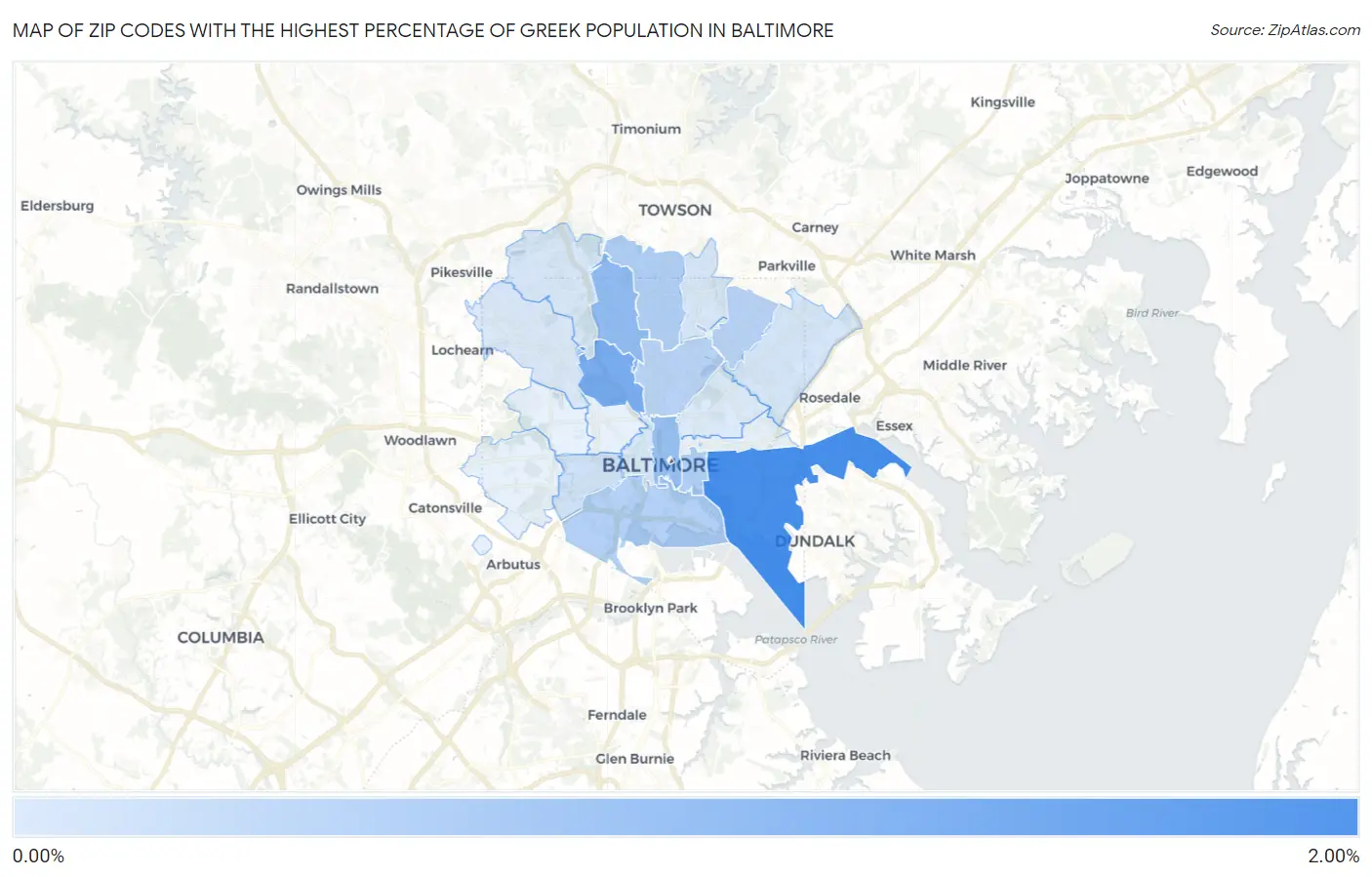 Zip Codes with the Highest Percentage of Greek Population in Baltimore Map