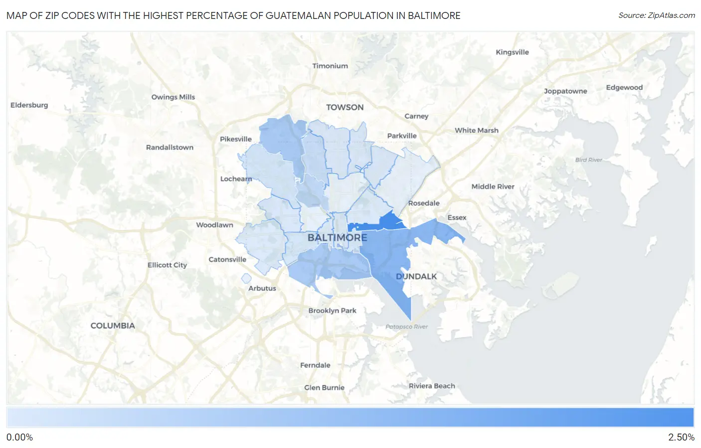Zip Codes with the Highest Percentage of Guatemalan Population in Baltimore Map