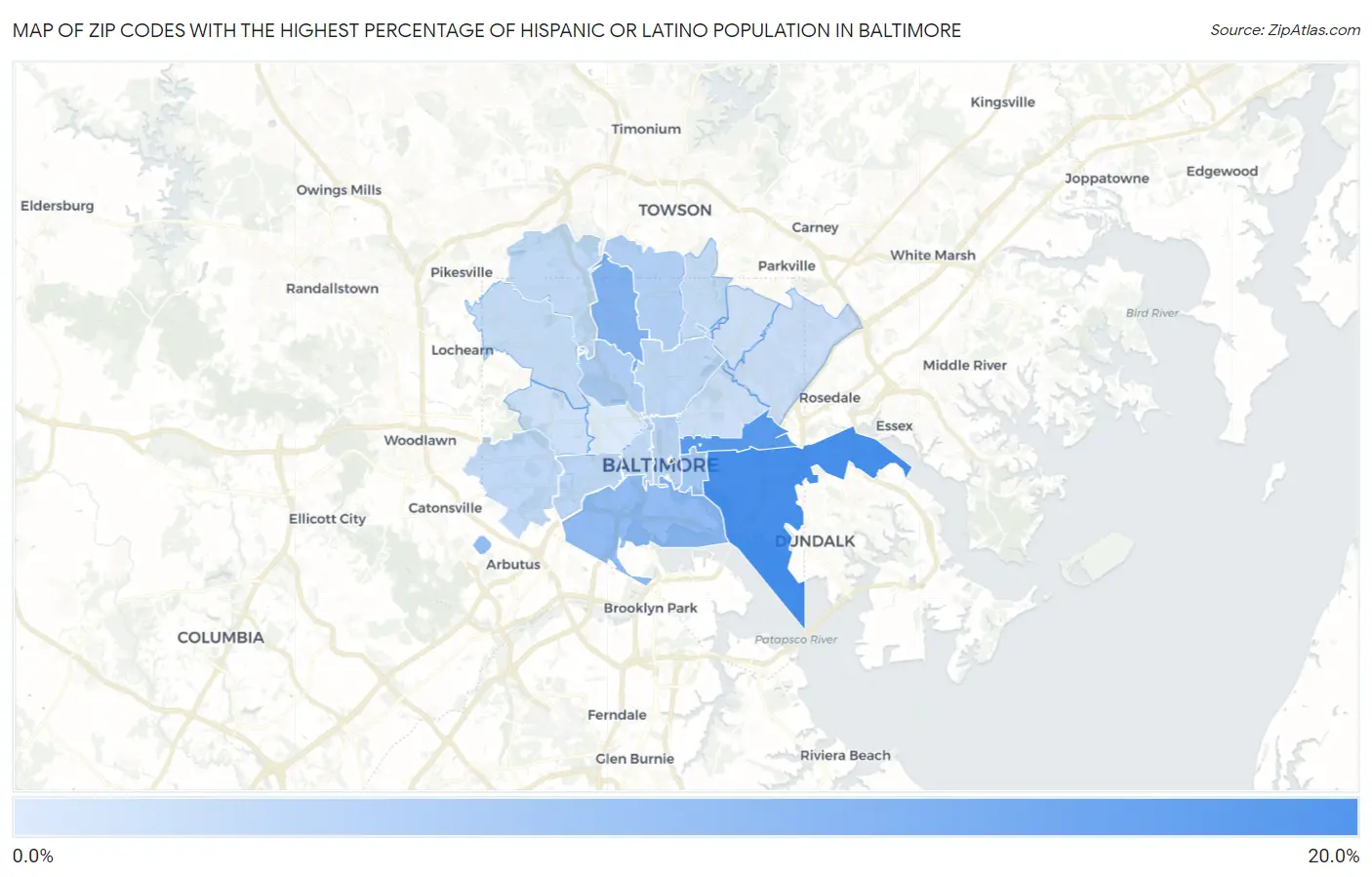 Zip Codes with the Highest Percentage of Hispanic or Latino Population in Baltimore Map