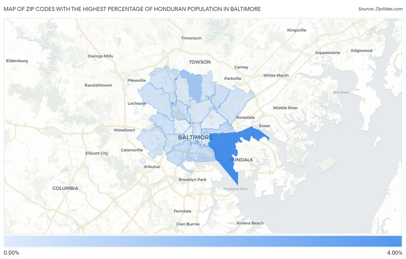 Zip Codes with the Highest Percentage of Honduran Population in Baltimore Map