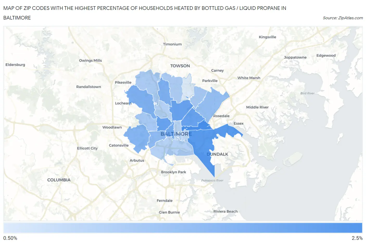 Zip Codes with the Highest Percentage of Households Heated by Bottled Gas / Liquid Propane in Baltimore Map