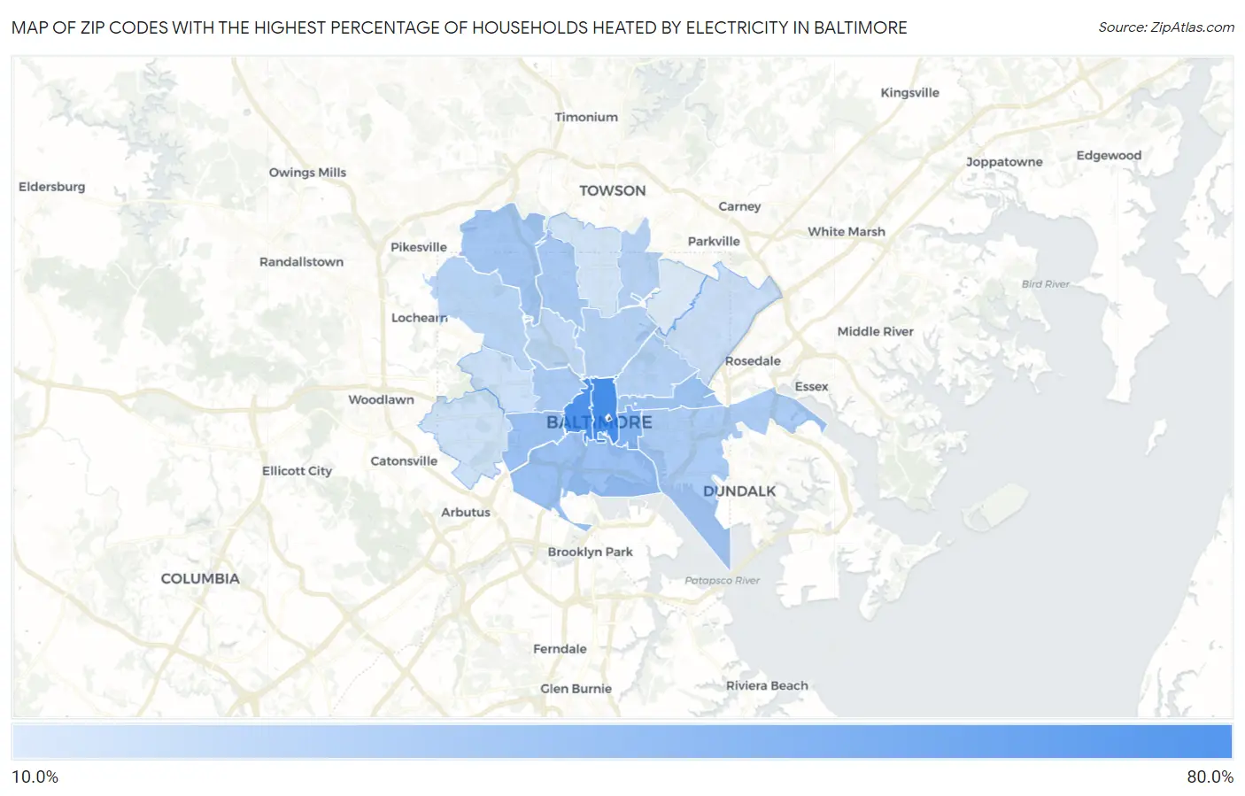 Zip Codes with the Highest Percentage of Households Heated by Electricity in Baltimore Map