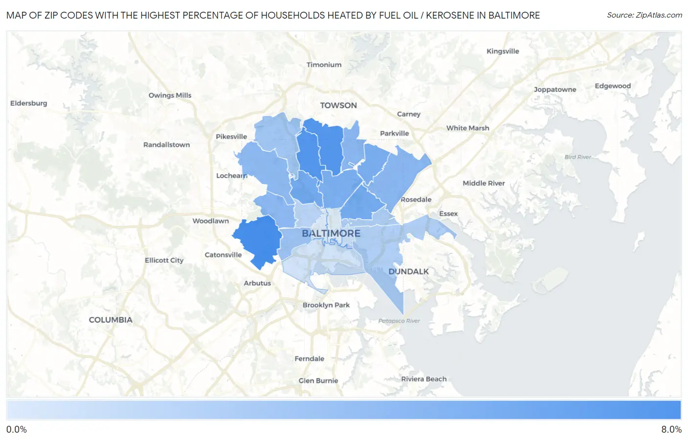 Zip Codes with the Highest Percentage of Households Heated by Fuel Oil / Kerosene in Baltimore Map