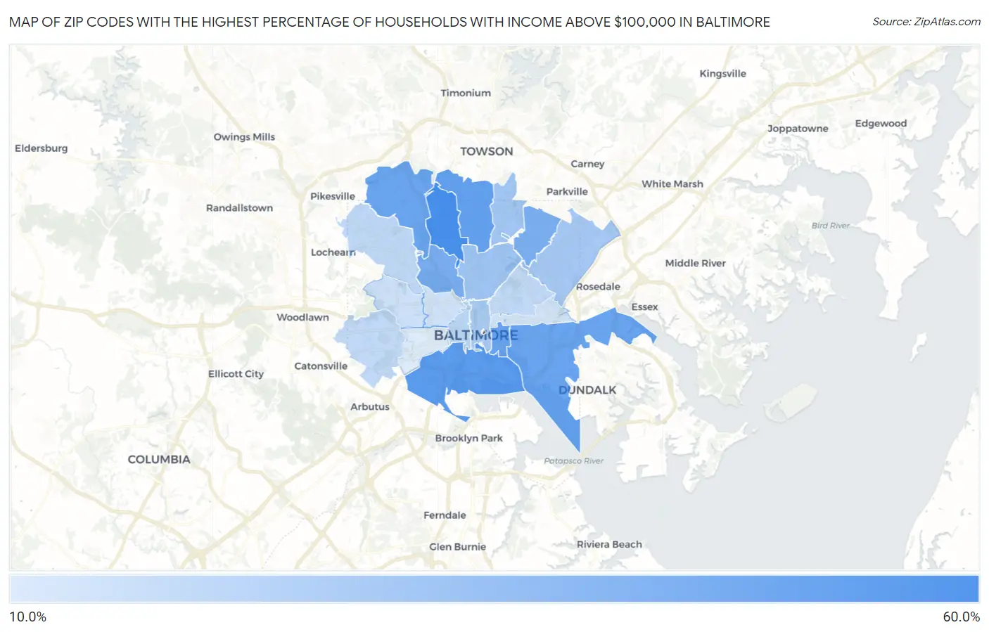 Zip Codes with the Highest Percentage of Households with Income Above $100,000 in Baltimore Map