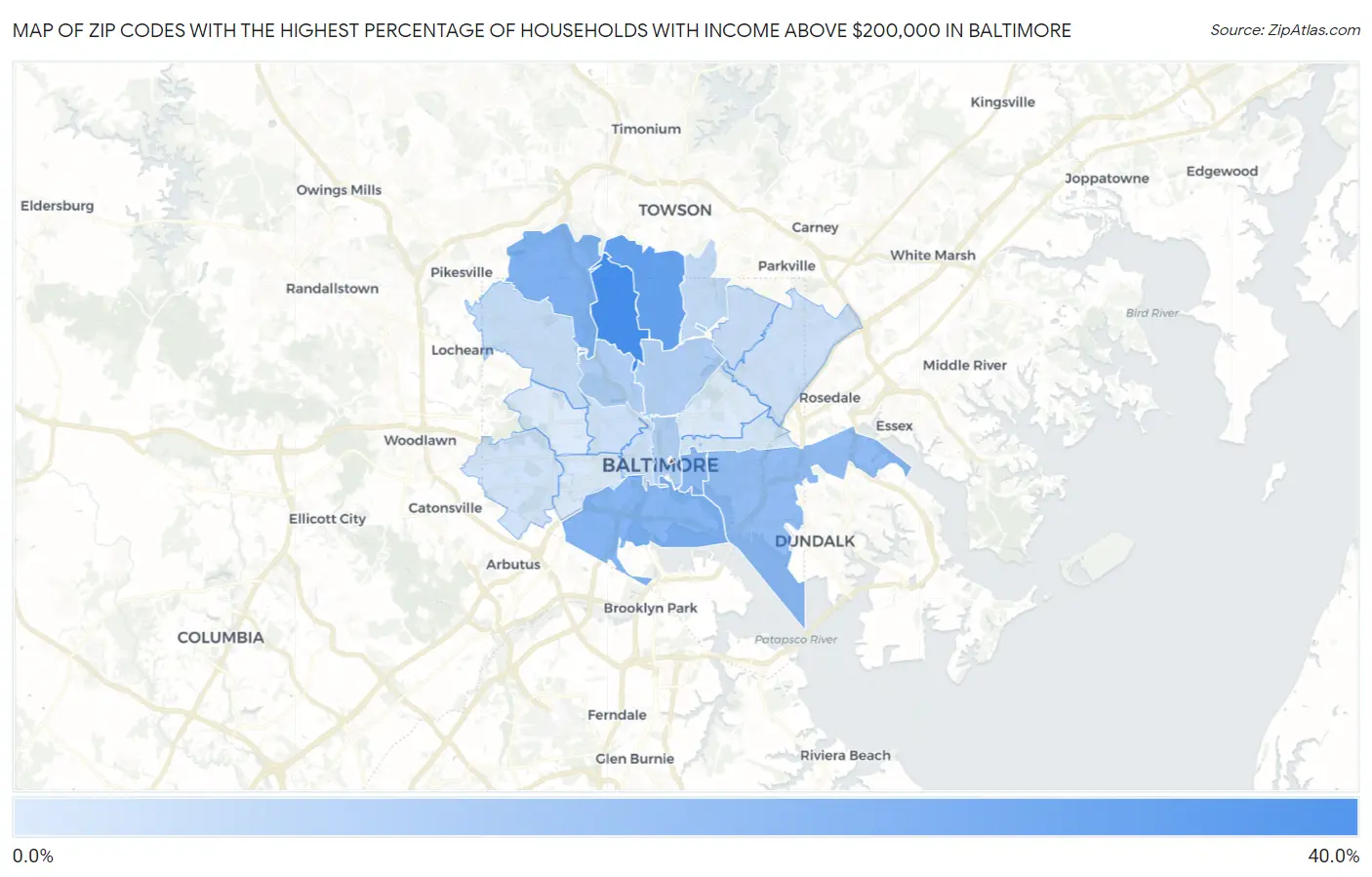 Zip Codes with the Highest Percentage of Households with Income Above $200,000 in Baltimore Map