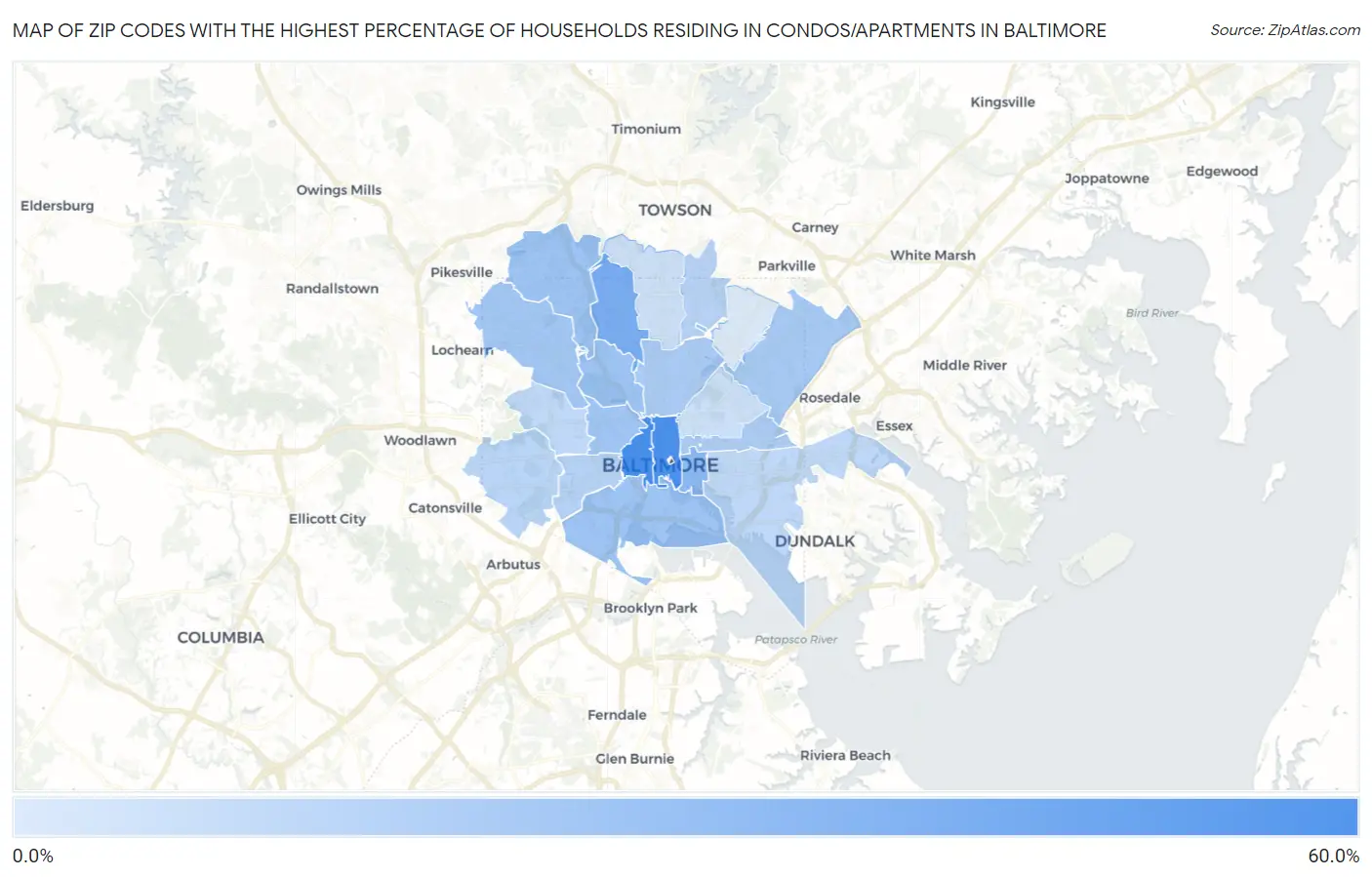 Zip Codes with the Highest Percentage of Households Residing in Condos/Apartments in Baltimore Map