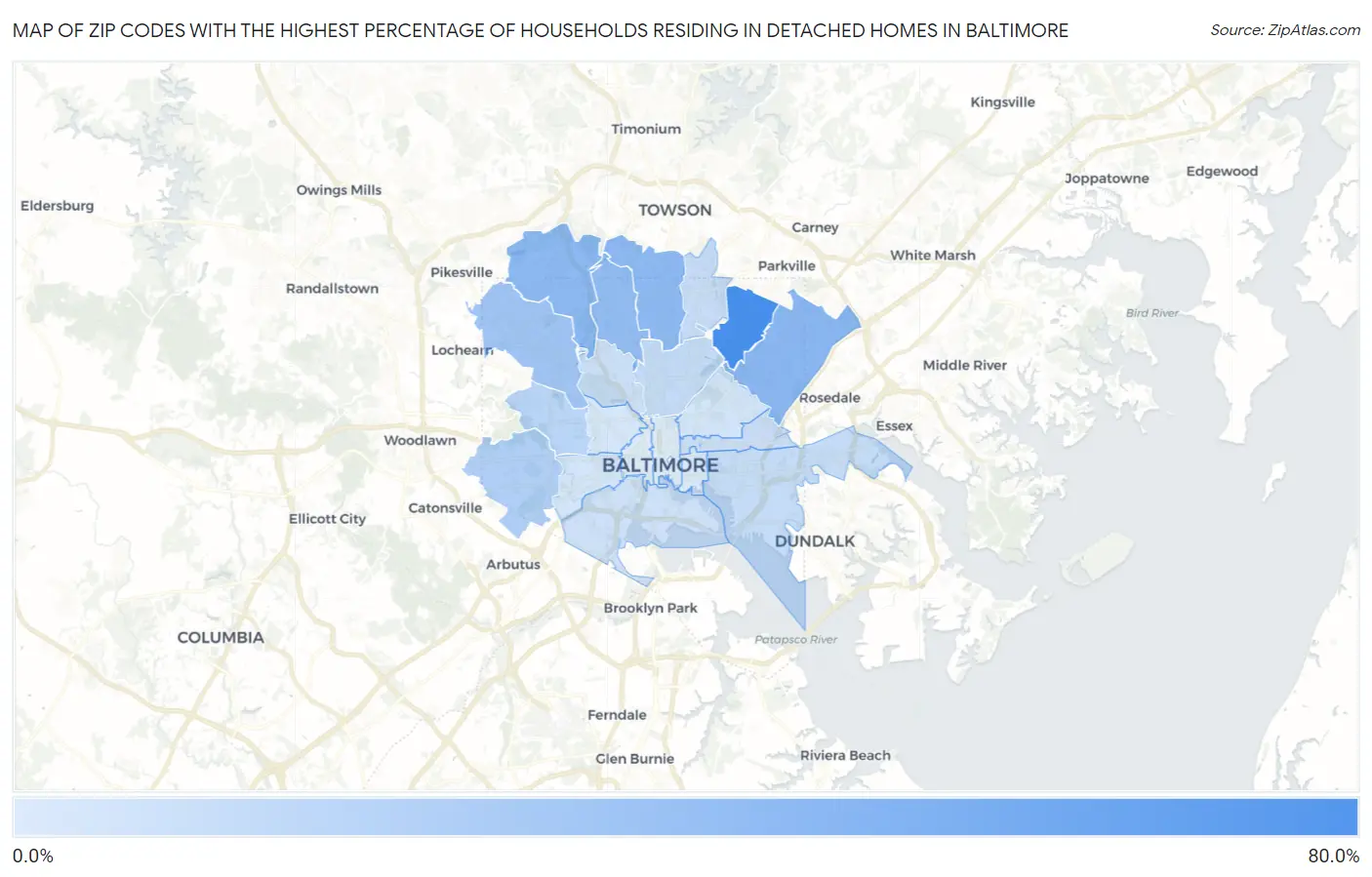 Zip Codes with the Highest Percentage of Households Residing in Detached Homes in Baltimore Map