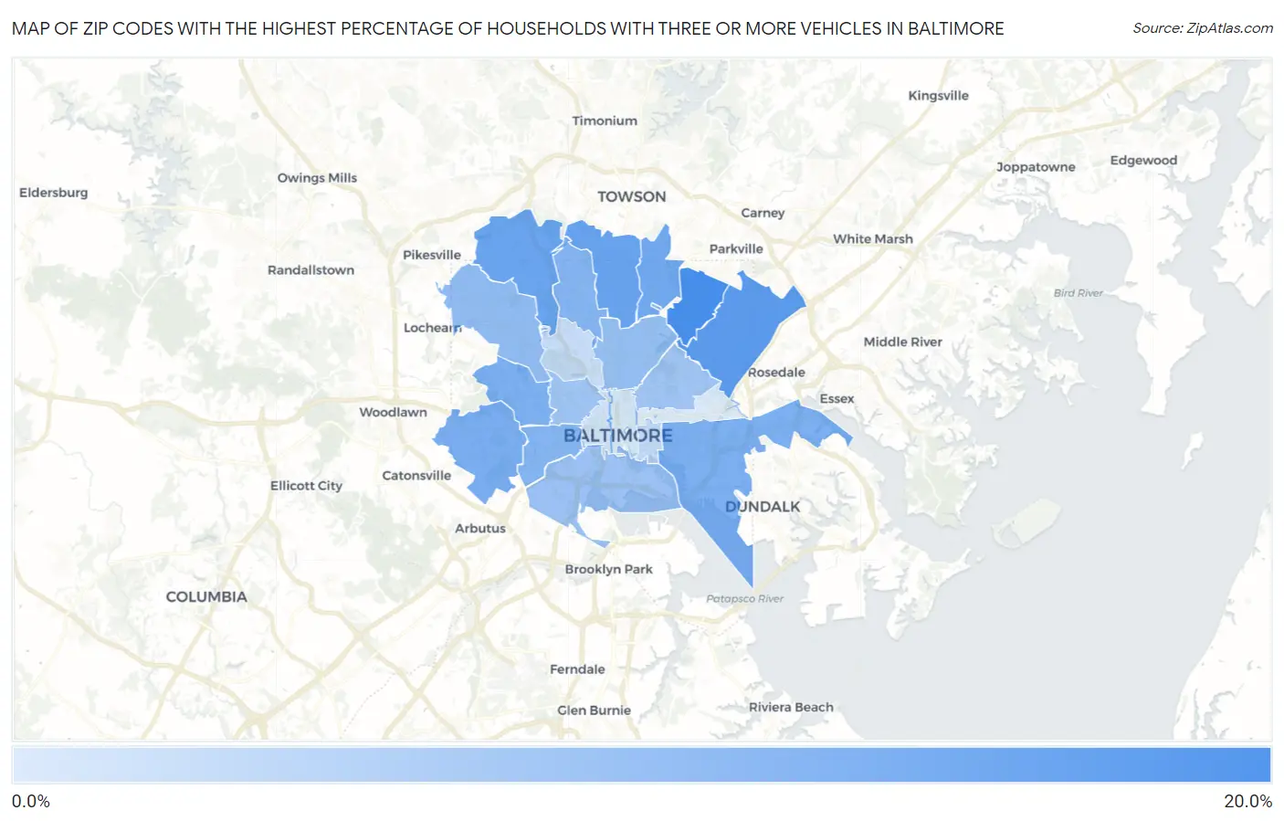 Zip Codes with the Highest Percentage of Households With Three or more Vehicles in Baltimore Map