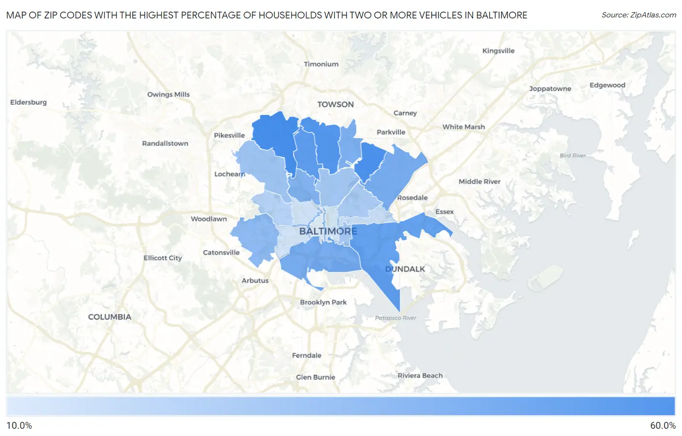 Zip Codes with the Highest Percentage of Households With Two or more Vehicles in Baltimore Map