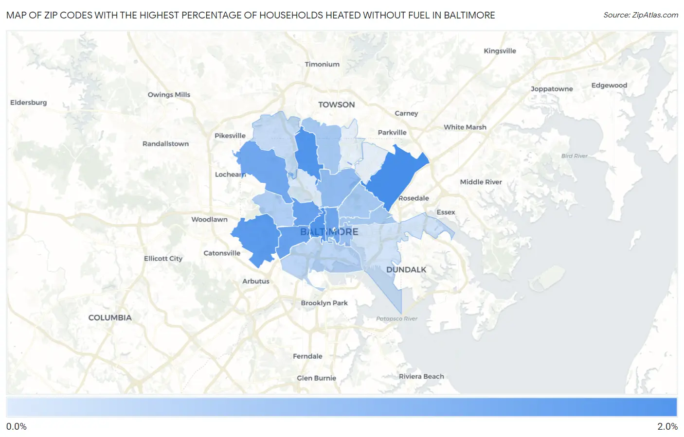 Zip Codes with the Highest Percentage of Households Heated without Fuel in Baltimore Map