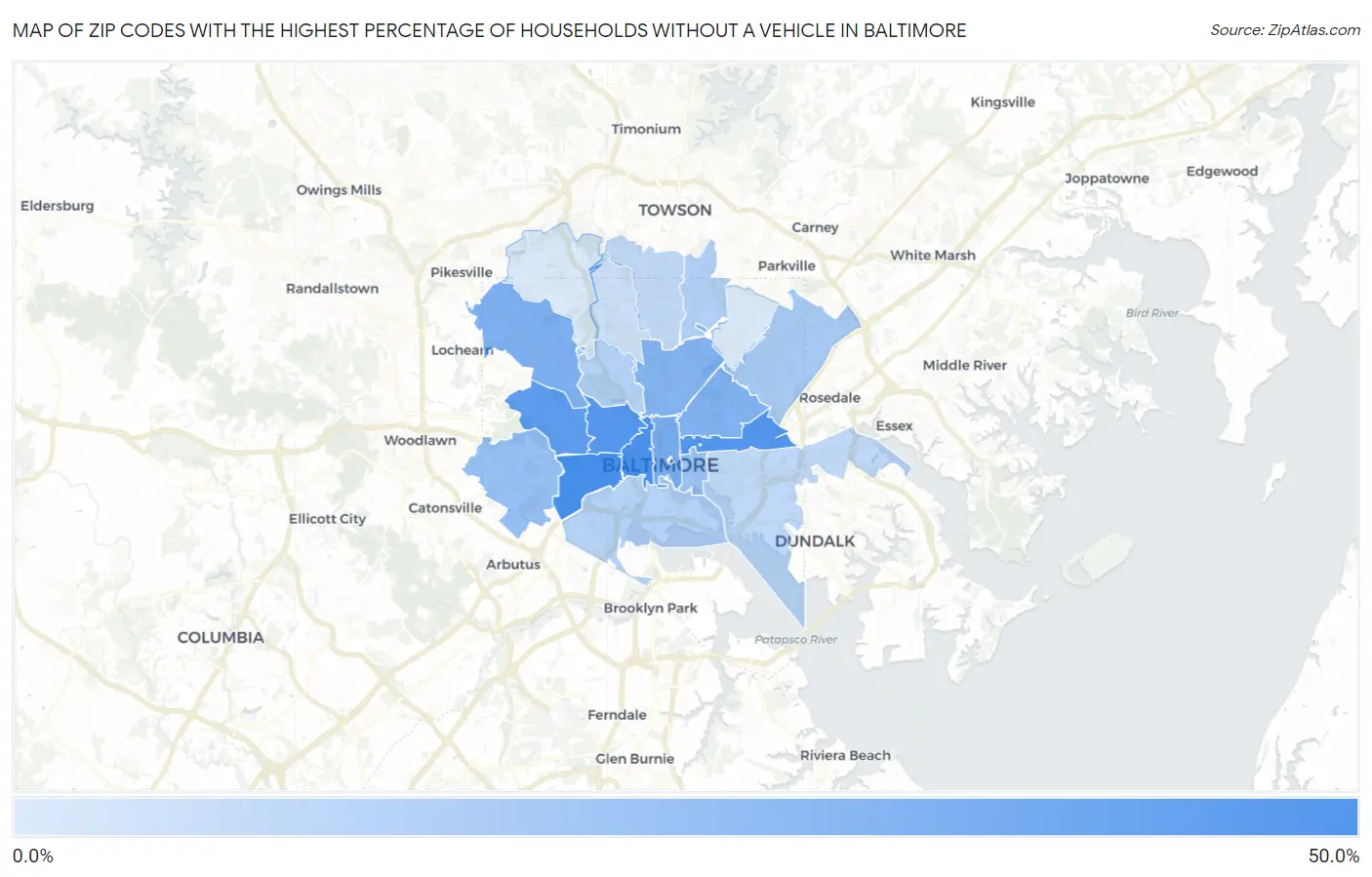 Zip Codes with the Highest Percentage of Households Without a Vehicle in Baltimore Map