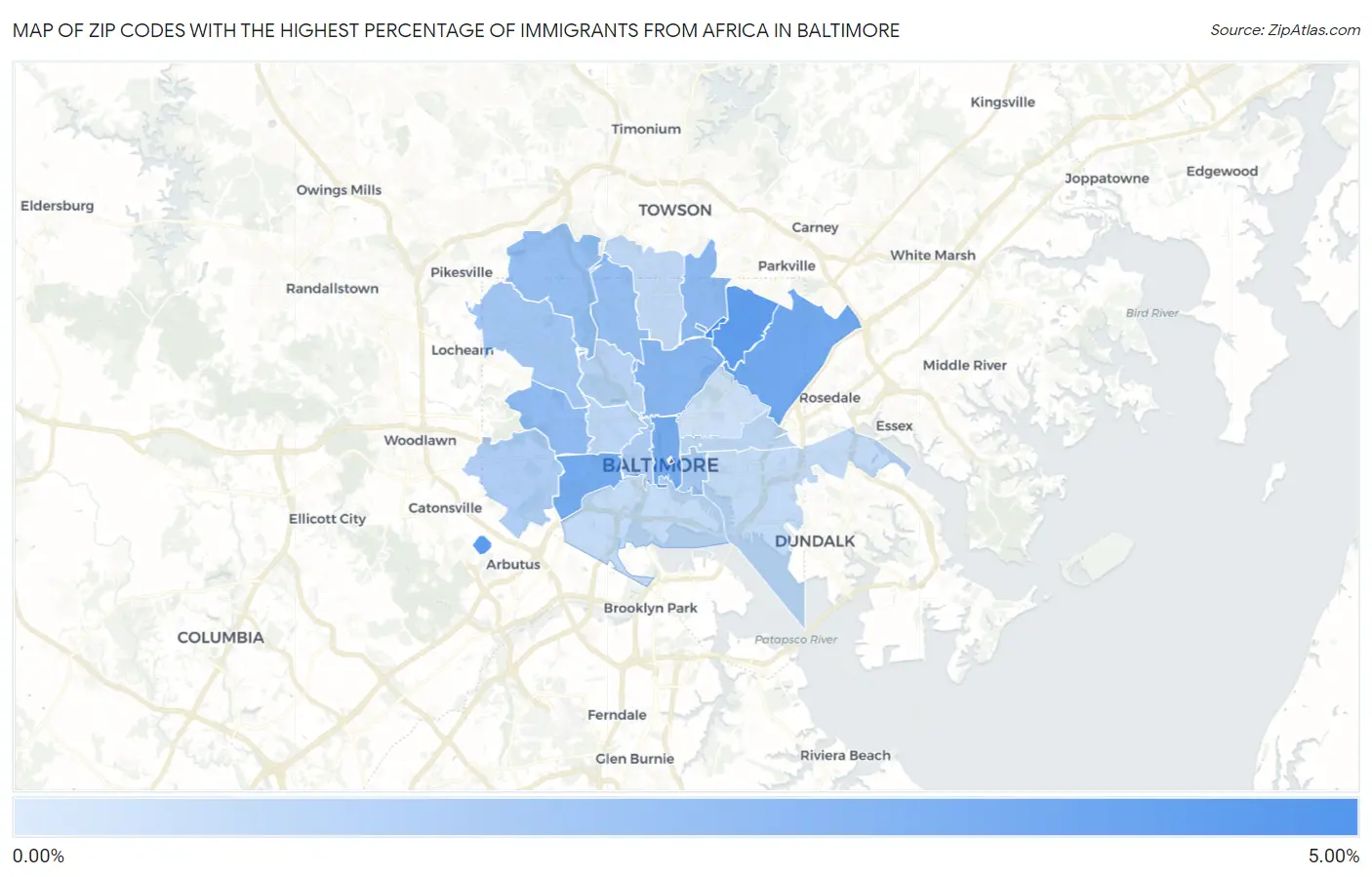 Zip Codes with the Highest Percentage of Immigrants from Africa in Baltimore Map