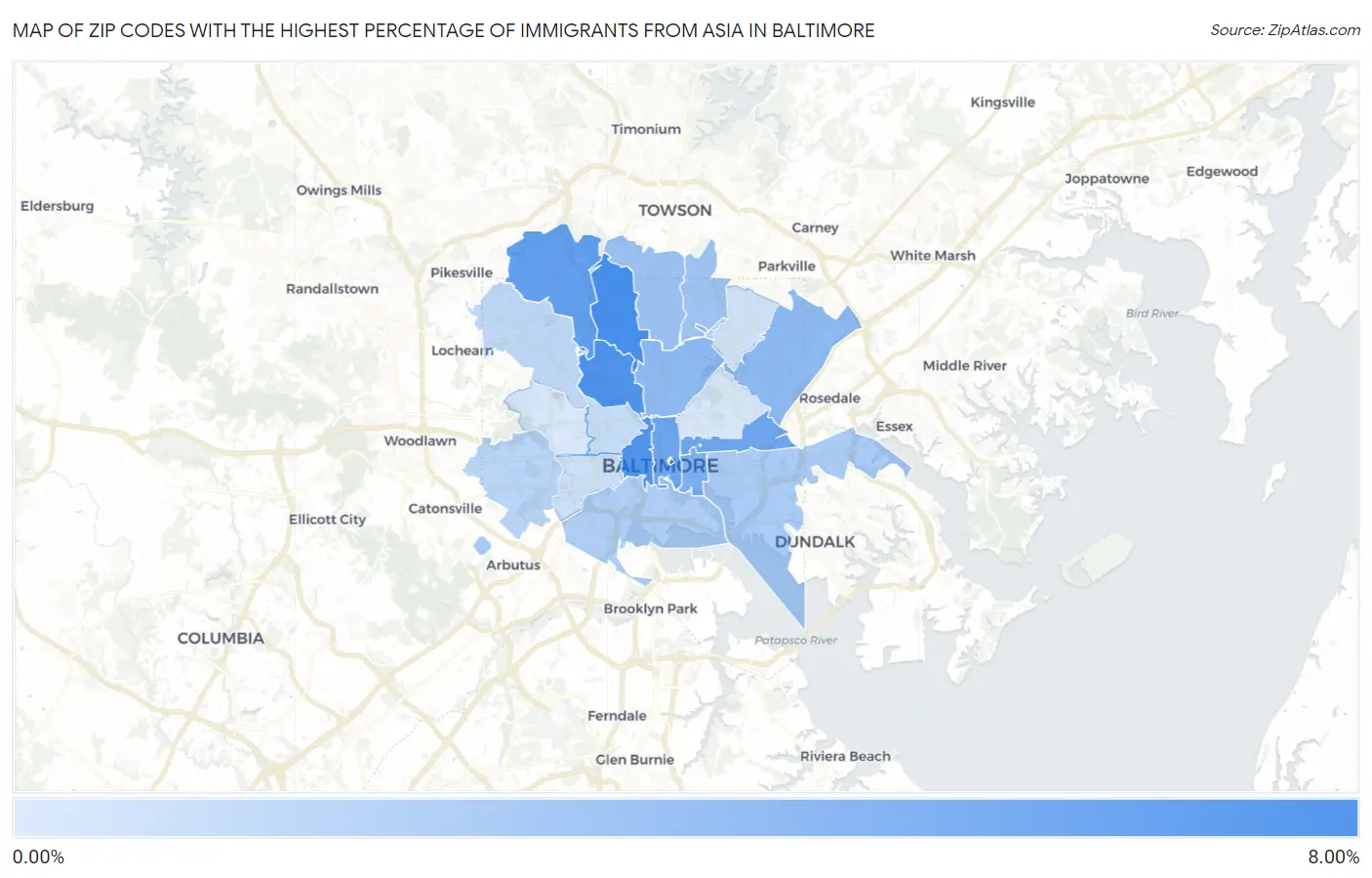 Zip Codes with the Highest Percentage of Immigrants from Asia in Baltimore Map