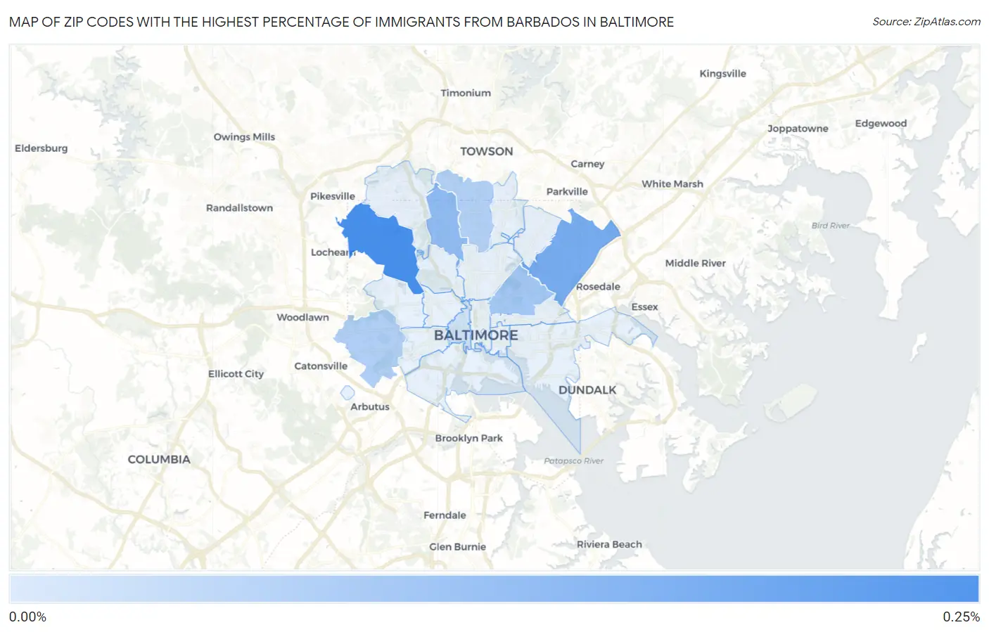 Zip Codes with the Highest Percentage of Immigrants from Barbados in Baltimore Map
