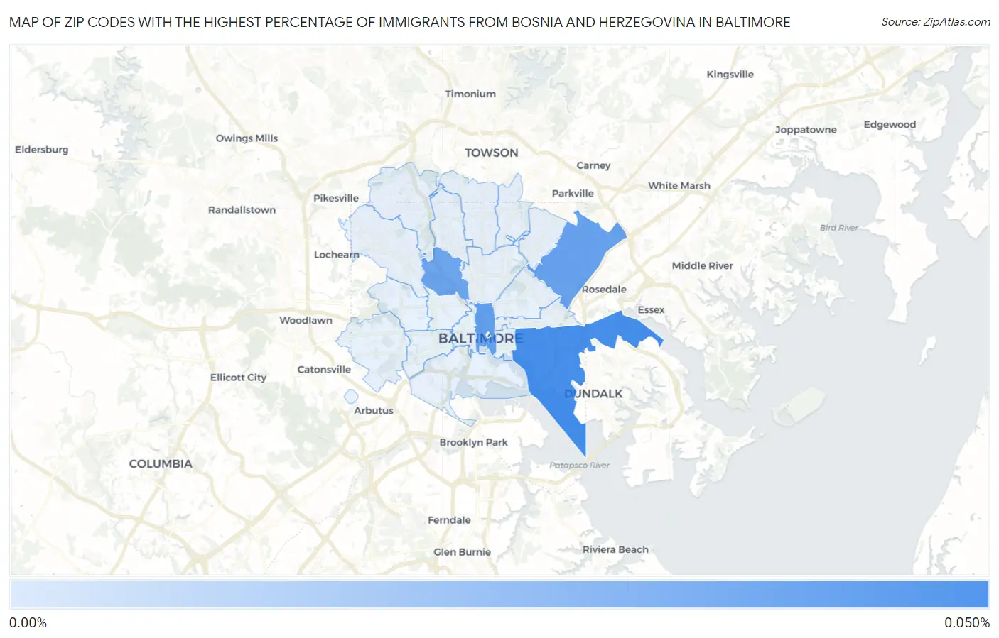 Zip Codes with the Highest Percentage of Immigrants from Bosnia and Herzegovina in Baltimore Map