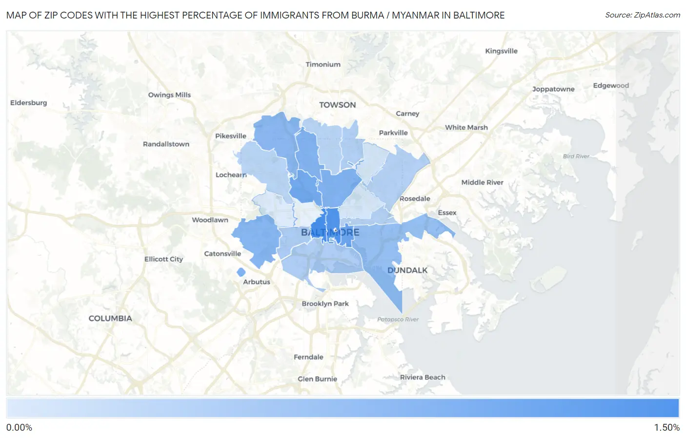 Zip Codes with the Highest Percentage of Immigrants from Burma / Myanmar in Baltimore Map