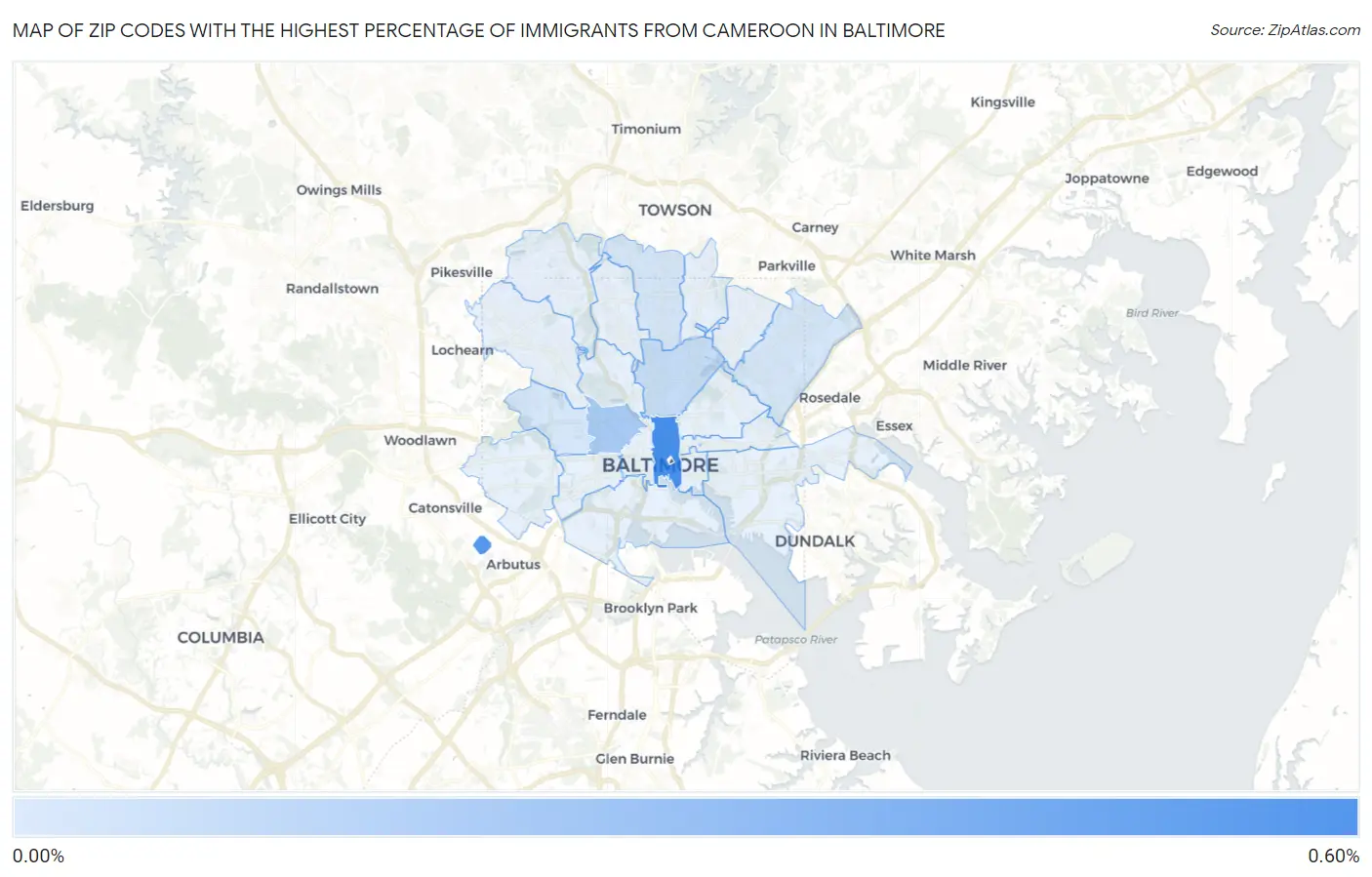 Zip Codes with the Highest Percentage of Immigrants from Cameroon in Baltimore Map