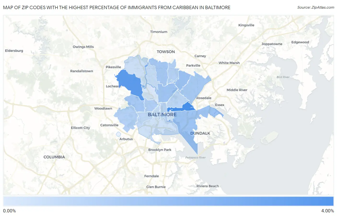 Zip Codes with the Highest Percentage of Immigrants from Caribbean in Baltimore Map